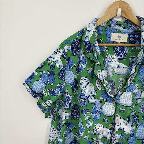 Printfresh Fancy Cat Pajama Shirt Womens 3X Short Sleeve Top Whimsy Retro Poplin - Picture 3 of 8